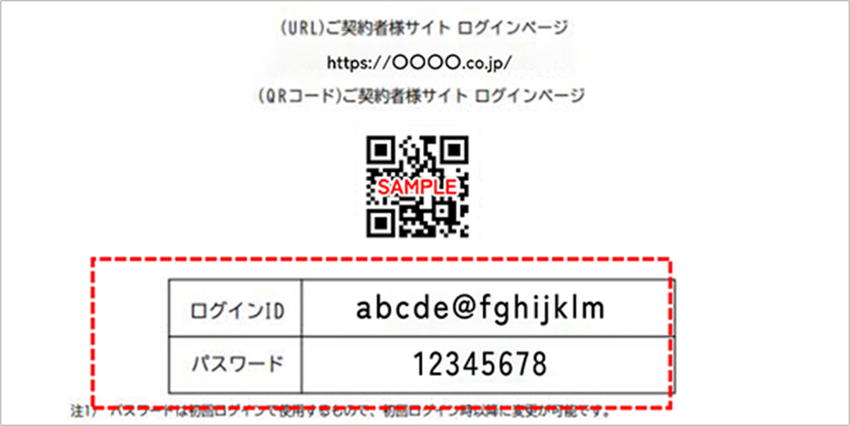 当社からメール又は、郵送にてログインID/初期パスワードが掲載された通知書をお送りします。 画像